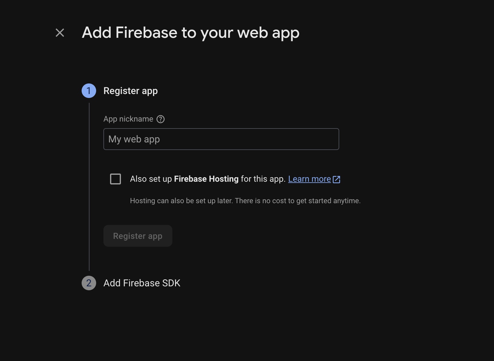 Firebase register app page