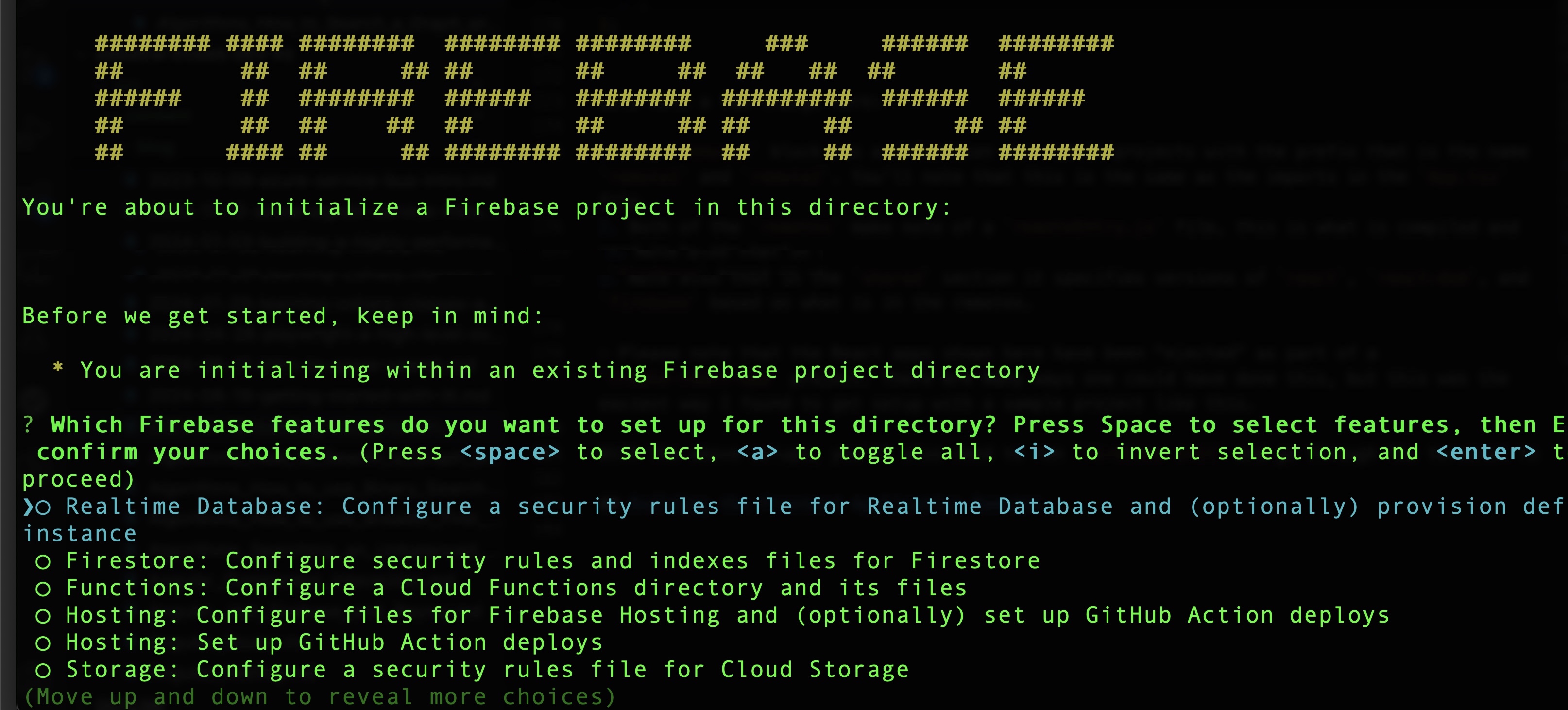 Firebase init terminal screen